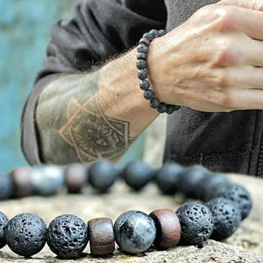 🪶 8mm Volcanic Stone Bracelet for Men – Handmade Lava & Wood Beads Bracelet