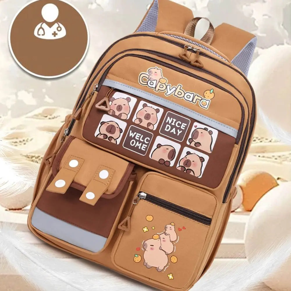 🎒 Capybara School Backpack – Kawaii Multi-Pocket Student Bag