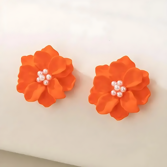 🧡 Orange Flower Earrings – 925 Sterling Silver Korean Design