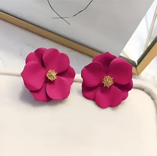 💖 Korean Red-Pink Blossom Earrings – Flexible S925 Silver Glam